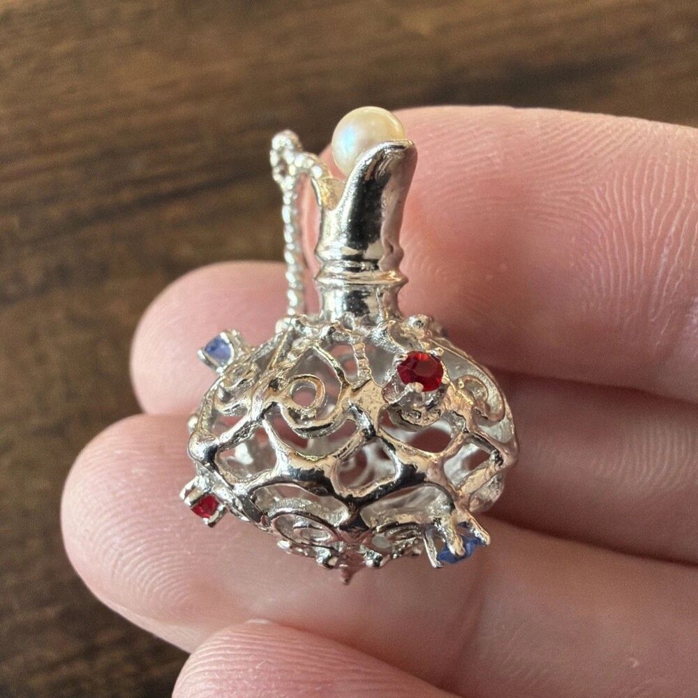 Vintage Sterling Silver Filigree Water Pitcher Charm Pendant Rhinestones Pearl - Picture 3 of 9